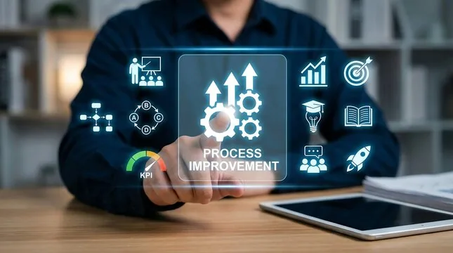 Hand touching a virtual screen with "PROCESS IMPROVEMENT" text and various business icons.